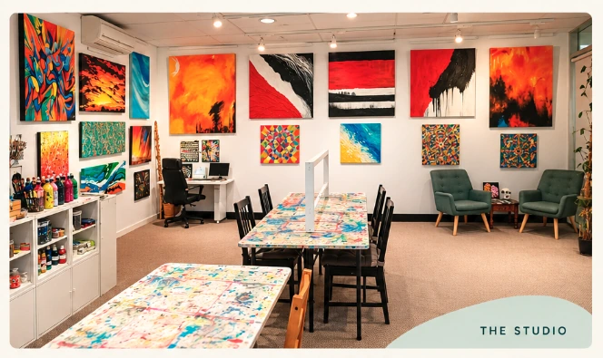 San Remo Creative Space with painting tables, colourful artwork on the walls and a comfortable seating area